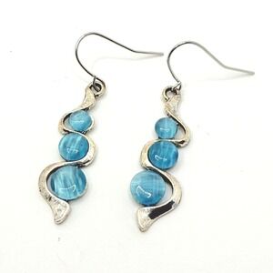 Silver-Tone Handmade Blue‎ Moonstone Pierced Dangle Earrings
